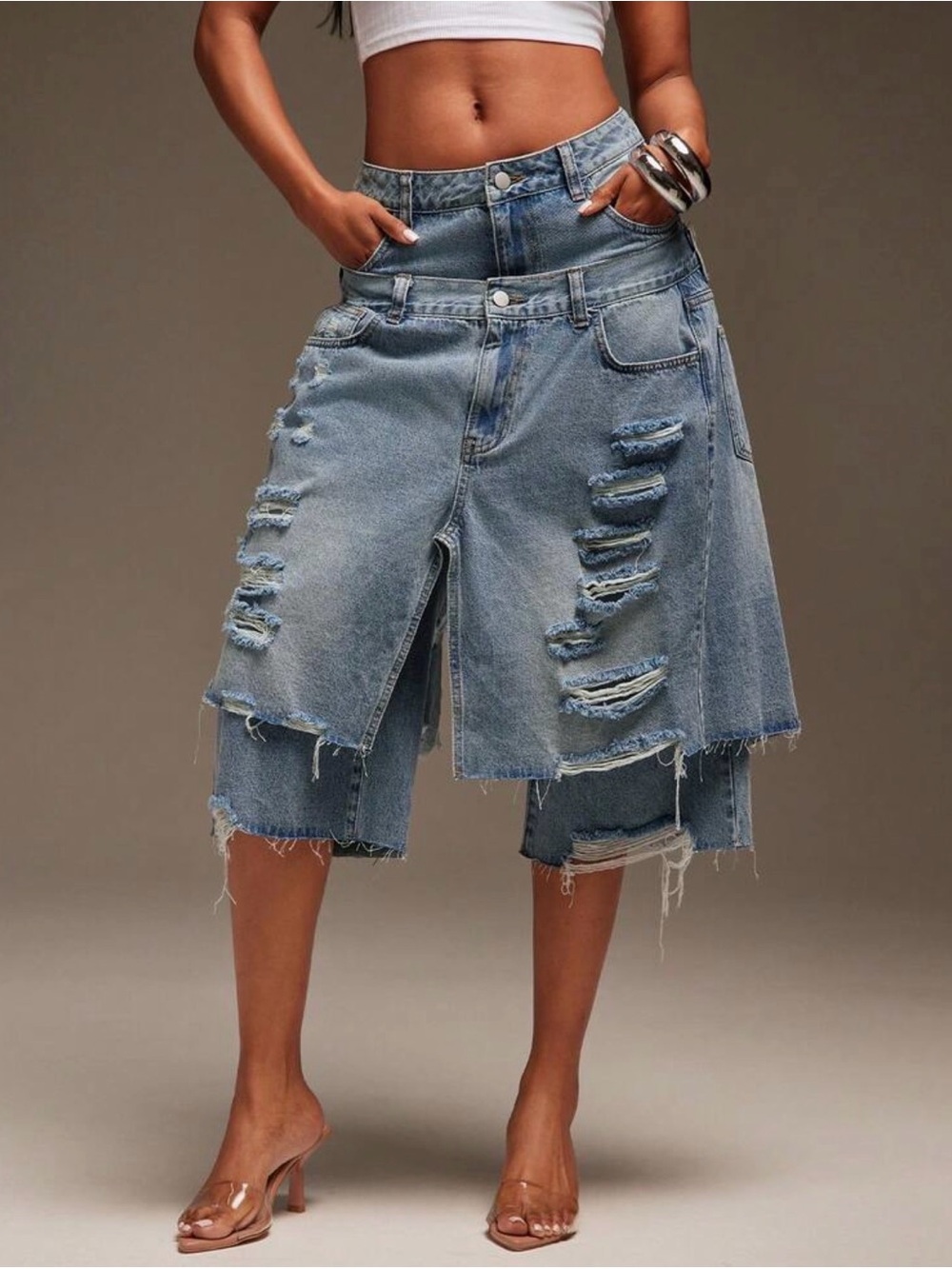 SHEIN Light Blue Distressed High-Rise Layered Denim Shorts Jeans